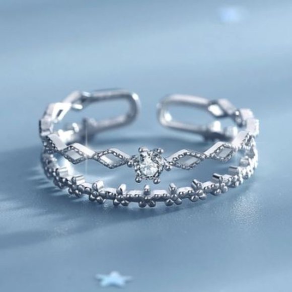 925 Sterling Silver Dainty Diamond Adjustable Ring - Picture 2 of 6